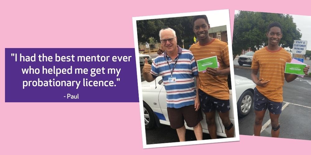 Young man and L2P mentor stand next to car holding driver's license, quote reads ""I had the best mentor ever who helped me get my probationary licence."-Paul
