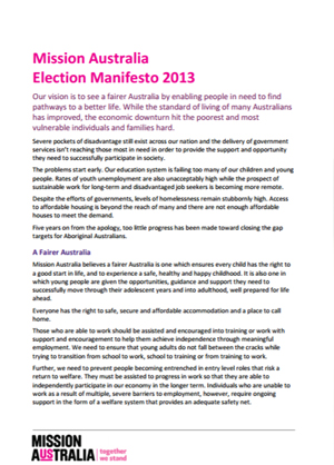 Cover image of Mission Australia Election Manifesto 2013