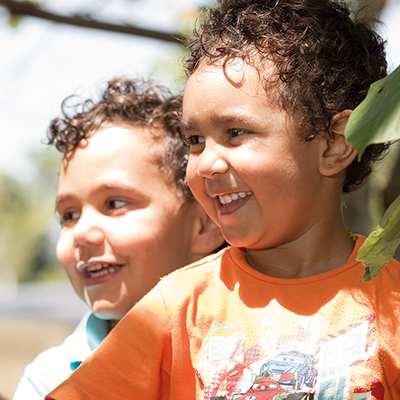 Two little boys climbing a tree