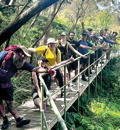 Hikers on bridge