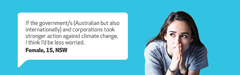  Image of a young female. Text on image reads, ‘If the government/s (Australian but also internationally) and corporations took stronger action against climate change, I think I’d be less worried.’ - Female, 15, NSW  
