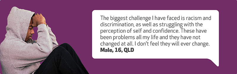  Image of a young male. Text on image reads, ‘The biggest challenge I have faced is racism and discrimination, as well as struggling with the perception of self and confidence. These have been problems all my life and they have not changed at all. I don’t feel they will ever change.’ - Male, 16, QLD