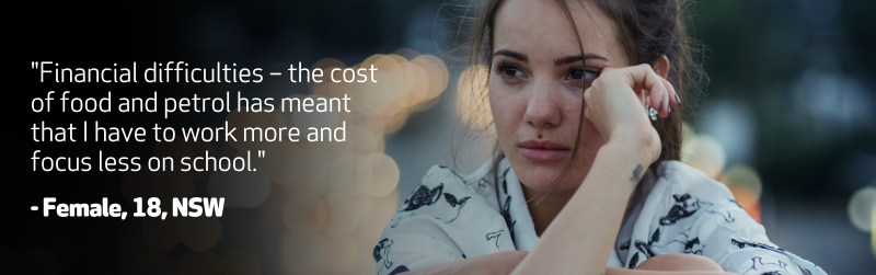 Image of a young female. Text on image reads, Financial difficulties – the cost of food and petrol has meant that I have to work more and focus less on school. - Female, 18, NSW