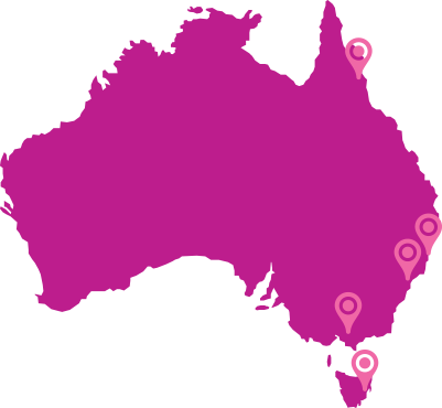 Map of Australia with locations marked (Cairns, Coffs Harbour, Sydney, Melbourne and Tasmania)