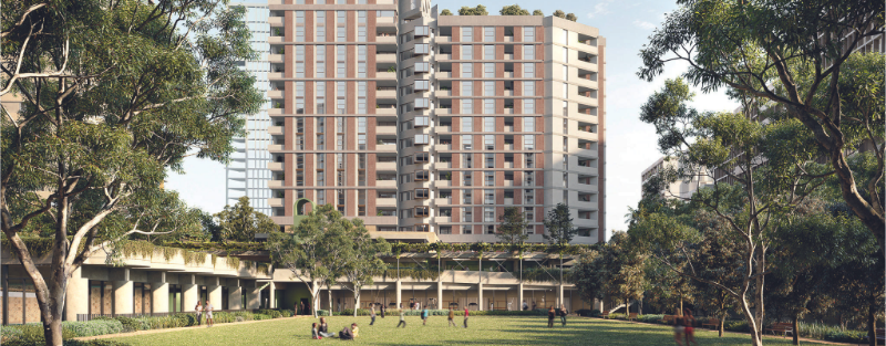 Architectural rendering of Midtown MacPark, the newest residential development in Macquarie Park by Mission Australia and Frasers Property Australia, showcasing affordable housing options
