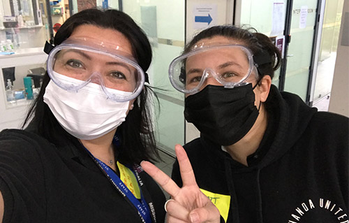 Women wearing masks and protective gear