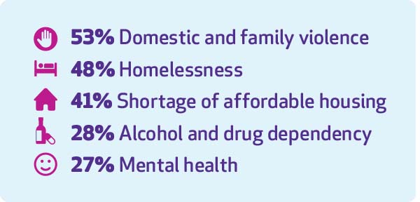 53% Domestic and family violence    48% Homelessness   41% Shortage of affordable housing   28% Alcohol and drug dependency    27% Mental health 