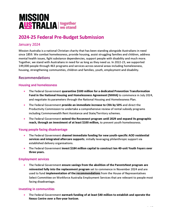 Mission Australia pre budget submission 2024 thumb