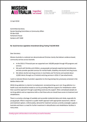  Mission Australia submission on the Social Services Legislation Amendment (Drug Testing Trial) Bill