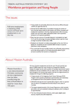 Cover image of Mission Australia’s Position on Workforce Participation and Young People 2013